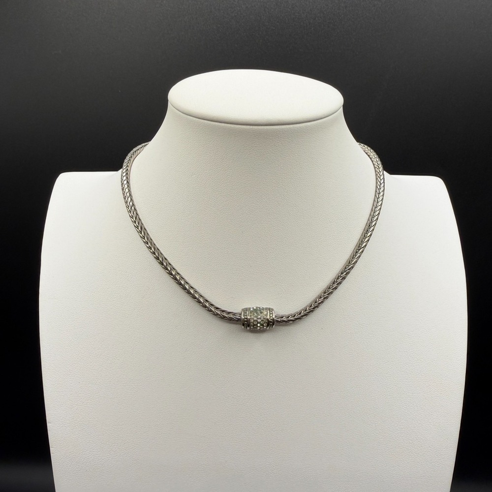Silver Tone Braided Wheat Chain Necklace Rhinestone Barrel Bead Statement Glam